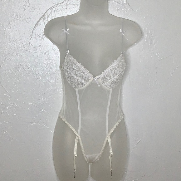 VGT Escante Sheer Nylon babydoll shapewear White bodysuit with gathers SZ S EUC - Picture 3 of 16